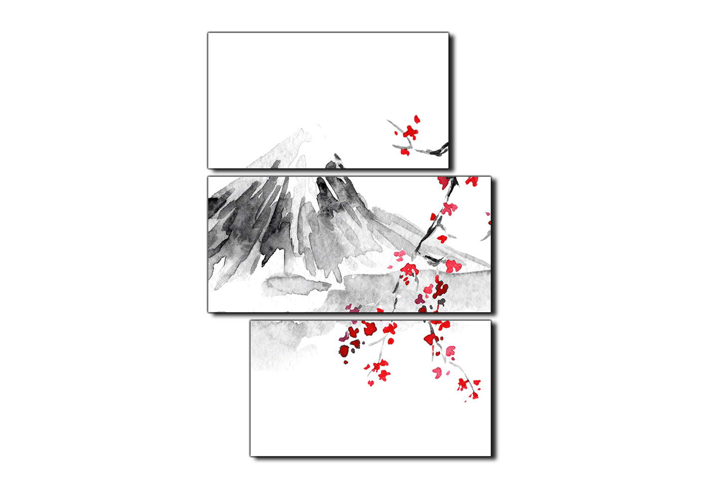 Obraz na plátně - Tradiční sumi-e obraz: sakura, slunce a hory - obdélník Obraz na plátně - Tradiční sumi-e obraz: sakura, slunce a hory - obdélník